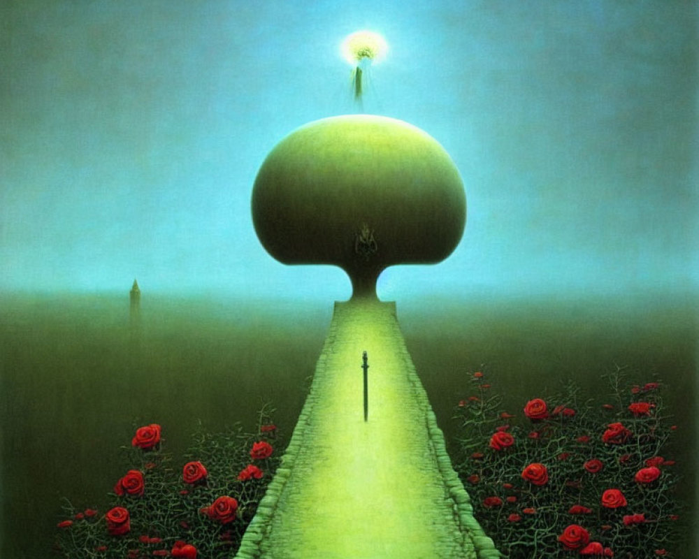 Surreal painting: figure on path to mushroom tree with glowing orb