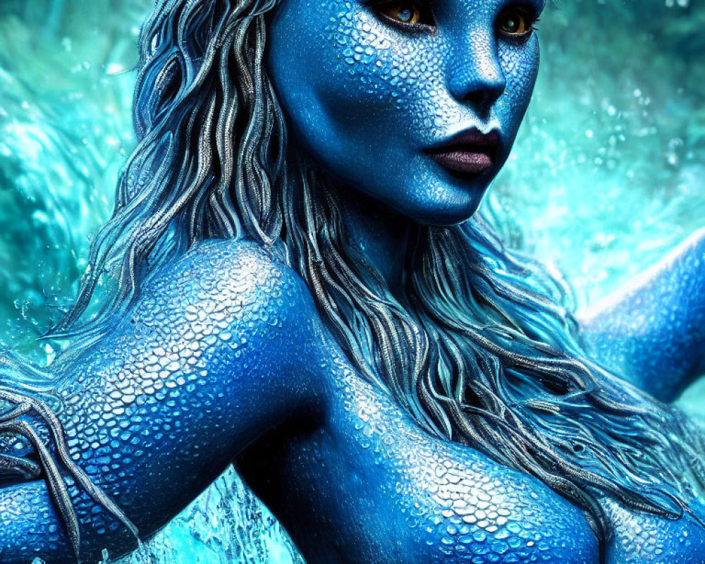 Blue-Skinned Female Humanoid with Scale-Like Textures in Water Background