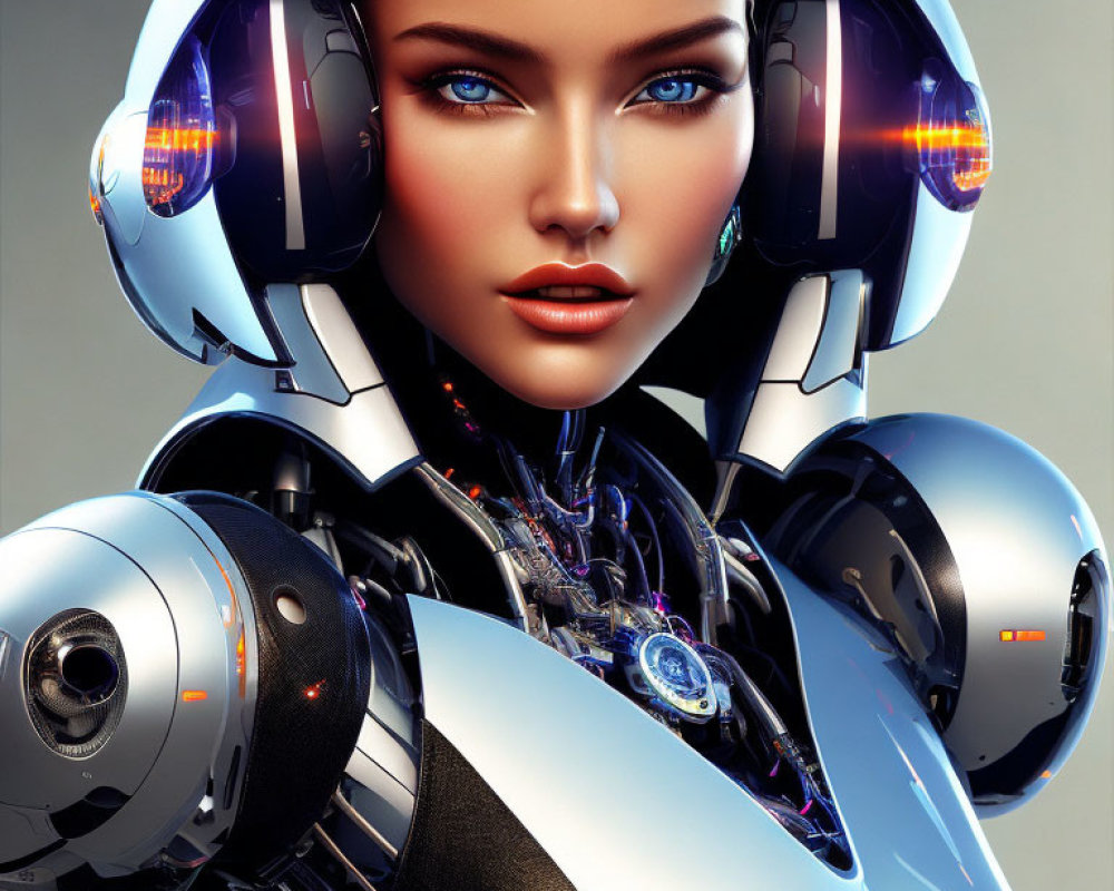 Detailed Female Humanoid Robot with Blue Eyes and Mechanical Parts