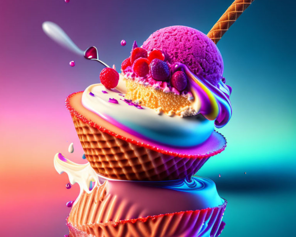 Colorful Digital Art: Levitating Ice Cream Sundae with Purple Scoop