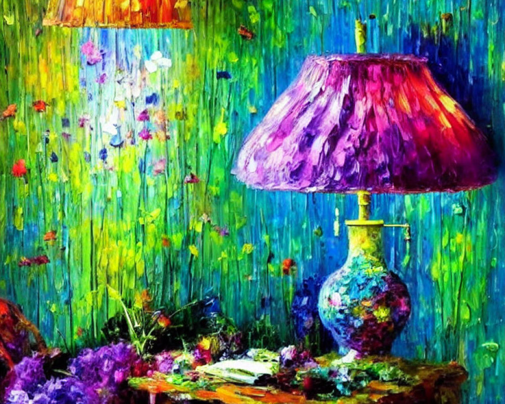 Colorful impressionist-style painting of vibrant room with lamps and flowers