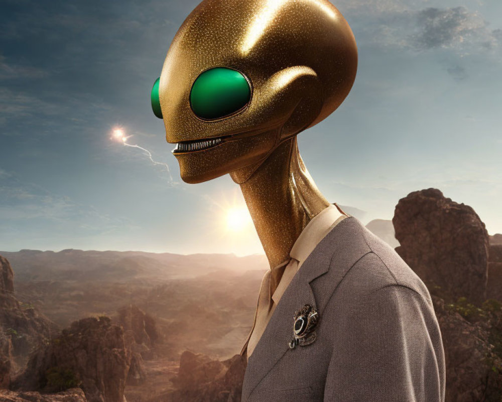 Golden alien with green eyes in suit against rocky desert landscape