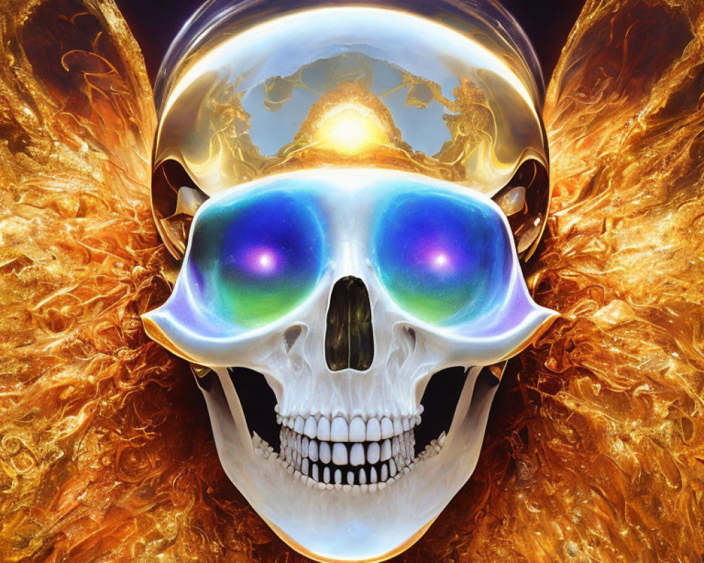 Metallic skull with iridescent eyes, fiery golden wings, and cosmic backdrop.