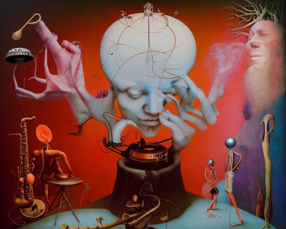 Surreal artwork with central face, manipulating figures, instruments, and tree-like figure