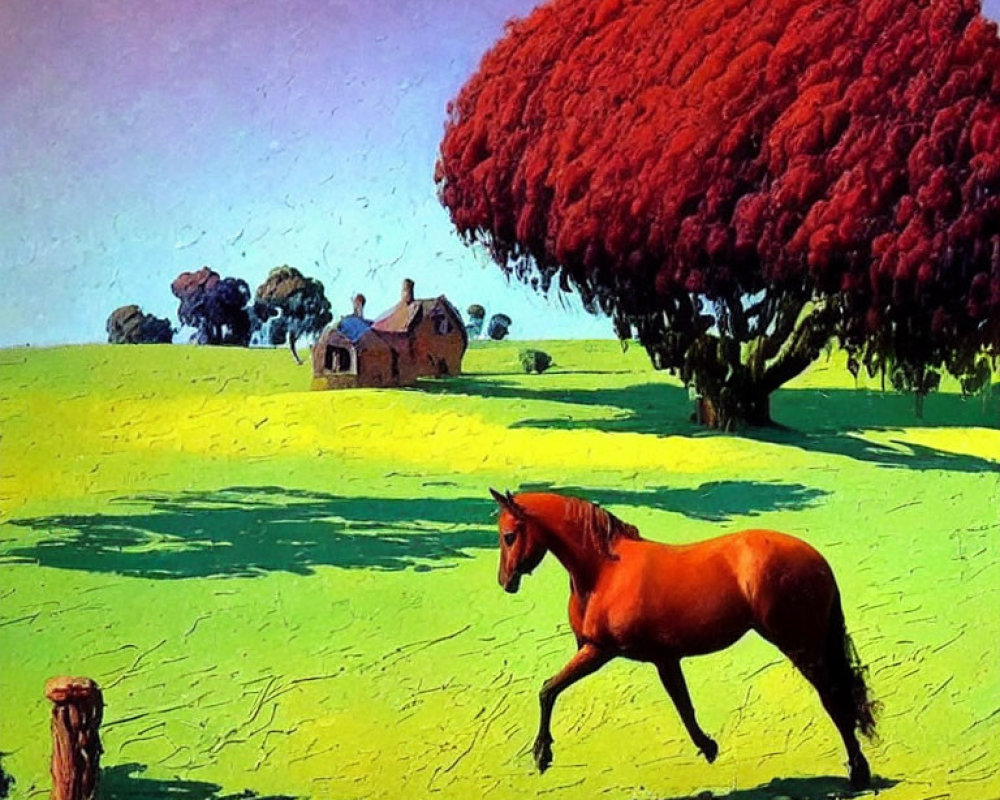 Colorful painting: Chestnut horse in sunlit field with red tree and cottage