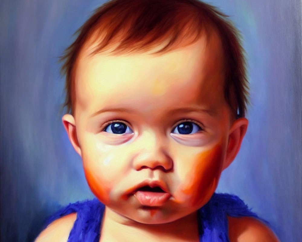 Baby portrait with big blue eyes and subtle smile in blue top