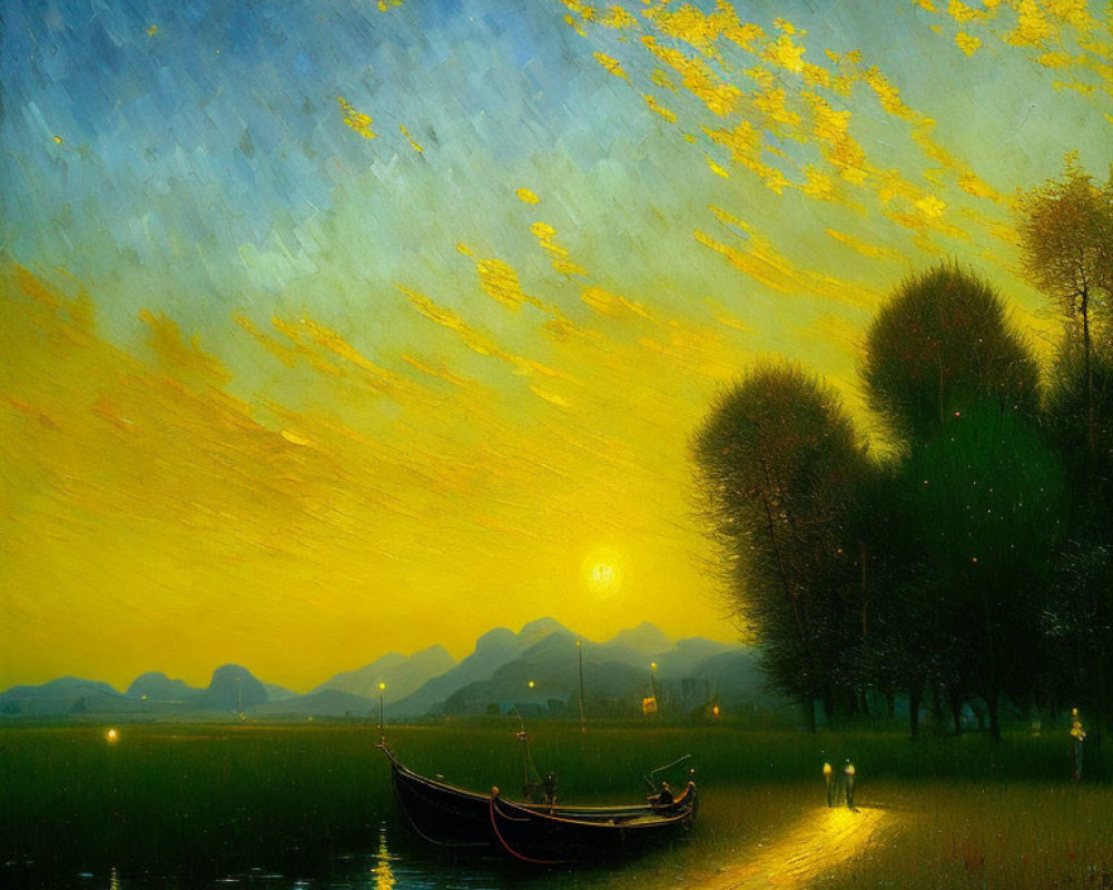 Tranquil sunset scene with boat, golden clouds, trees, and mountain silhouette