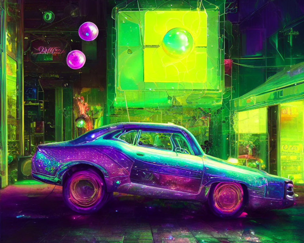 Colorful neon-lit street scene with classic car and graffiti art