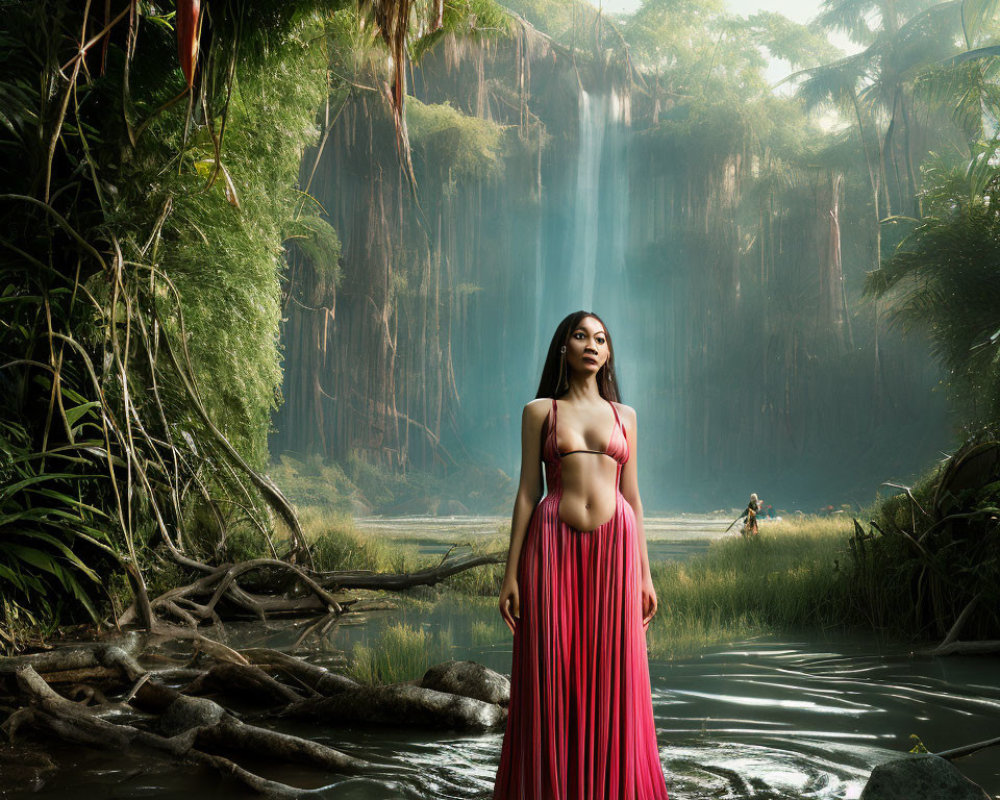 Woman in Red Dress Standing in Waterfall Scene