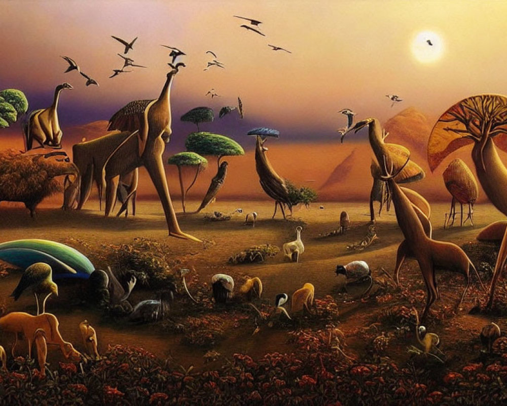 Colorful artwork: Diverse stylized animals in surreal landscape