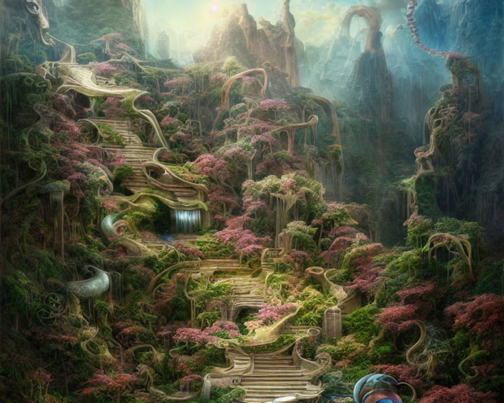 Mystical forest with pink foliage, waterfalls, ancient stairs, and floating dragon creature