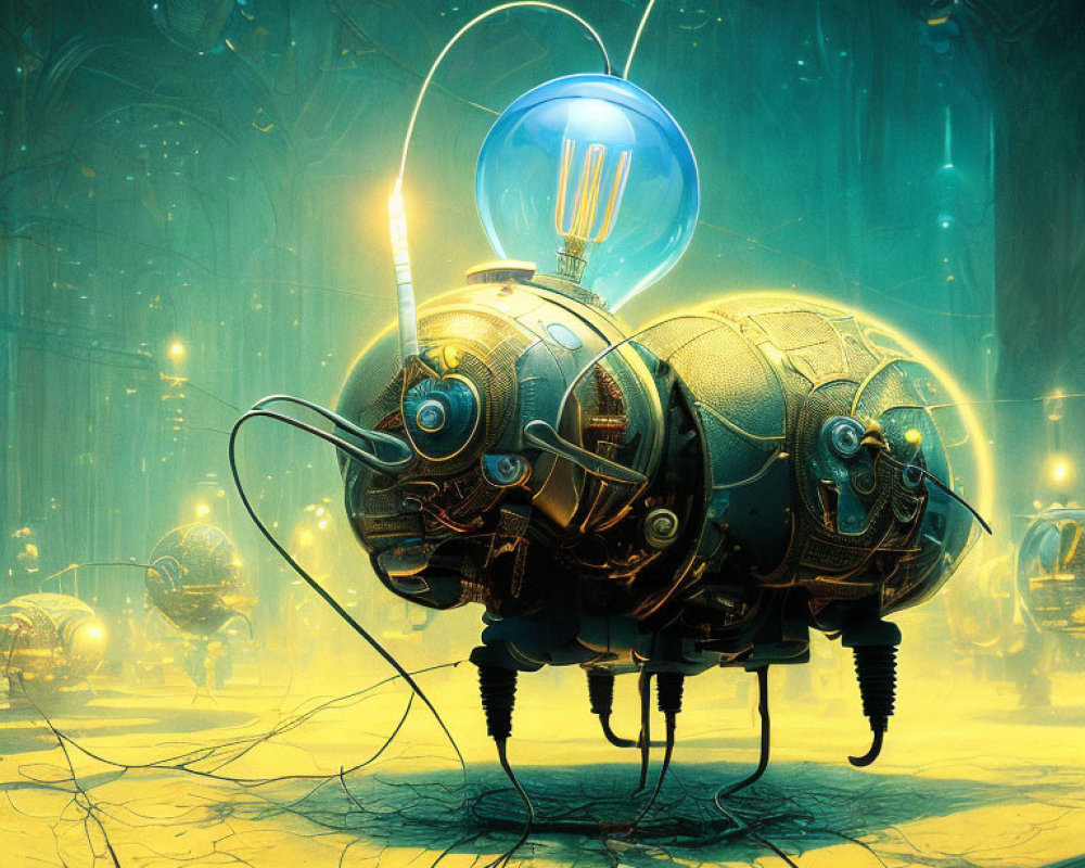 Futuristic mechanical insects in illuminated chamber