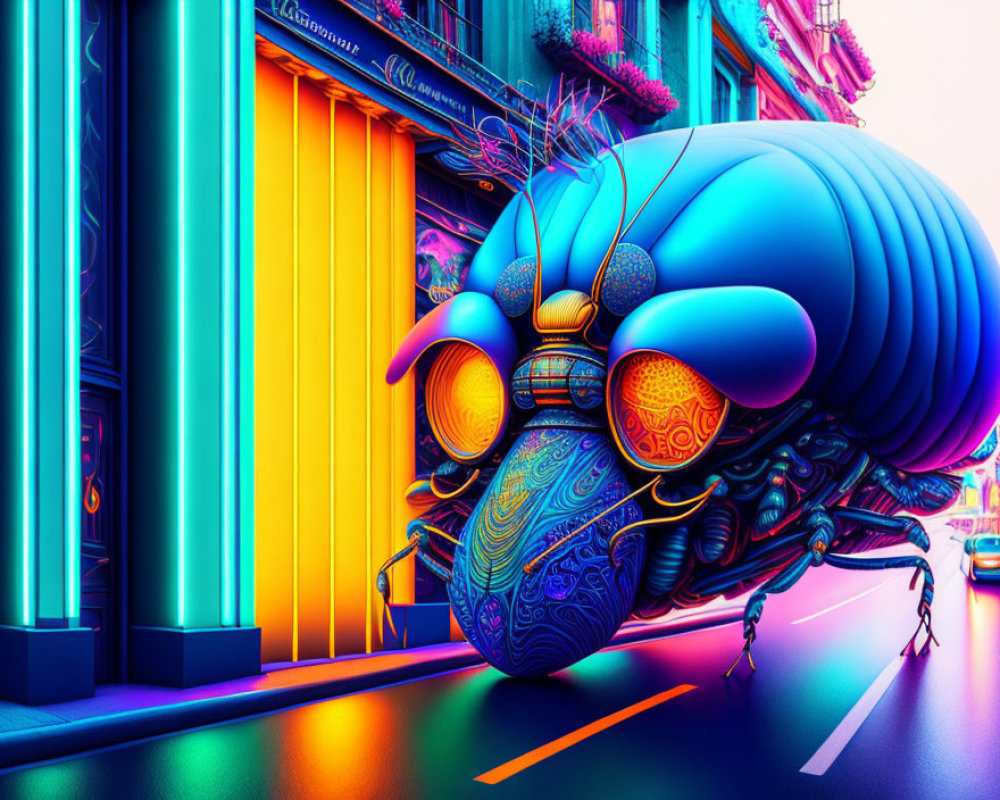 Colorful Digital Art: Stylized Oversized Beetle in Neon-lit Urban Setting