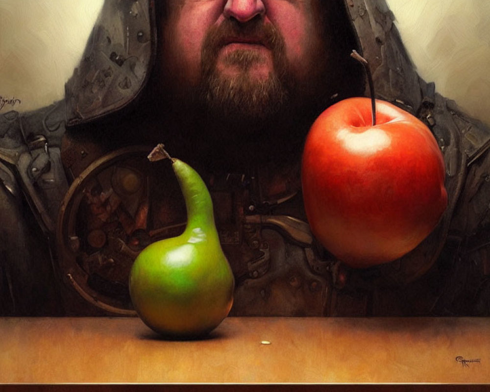 Medieval armored man with fruit on table in soft-focus background