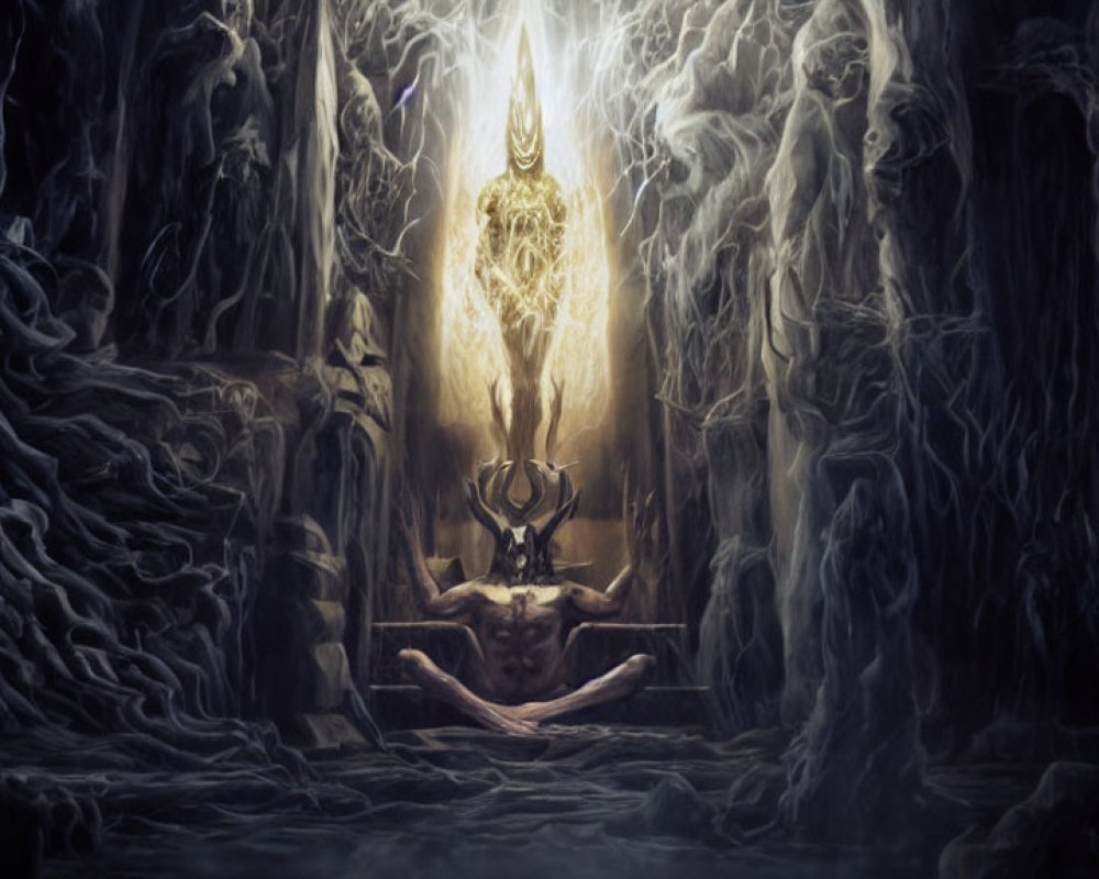 Dark Cave Fantasy Artwork with Mystical Figure and Twisted Roots