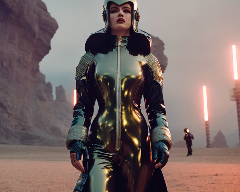 Futuristic person in golden suit in desert with red lights