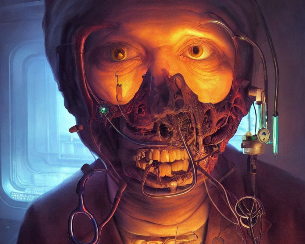 Surreal digital artwork: Figure with exposed skull, tech enhancements, human eye