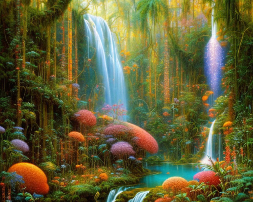 Colorful Mushrooms and Waterfalls in Fantasy Forest