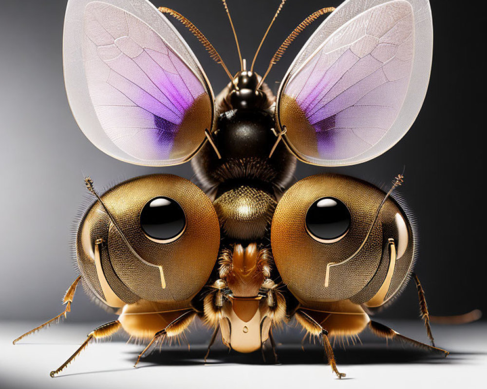 Detailed close-up illustration of a stylized bee with expressive eyes and purple-tinged translucent wings