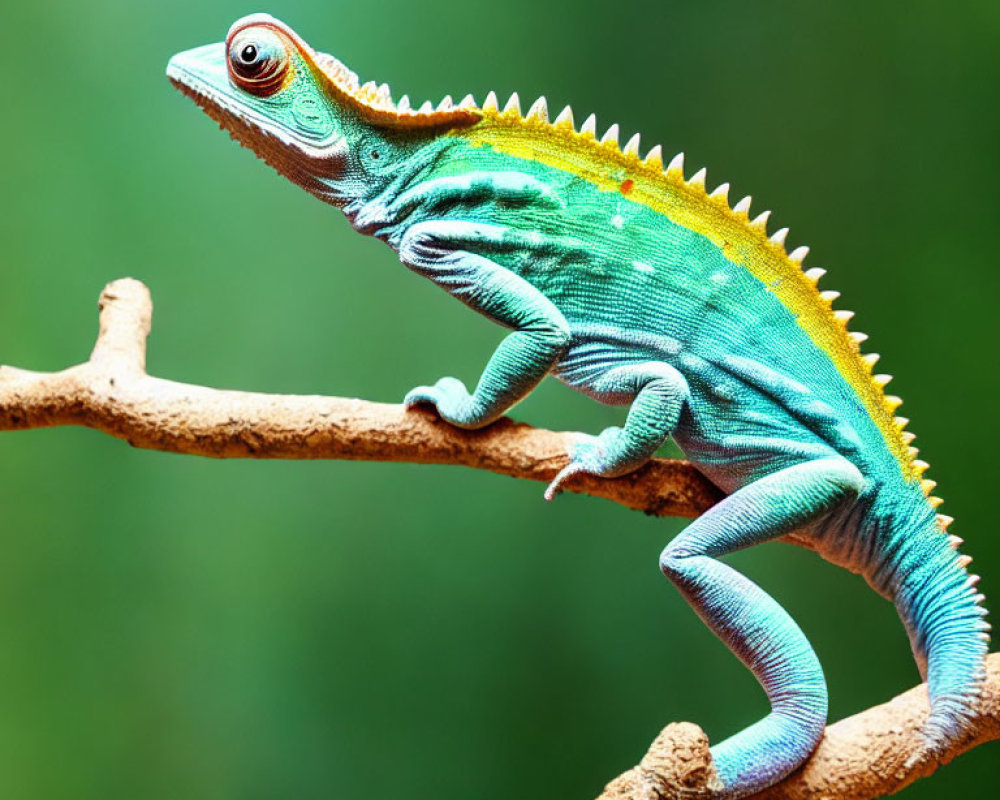 Colorful green chameleon with yellow spine on branch in blurred green background