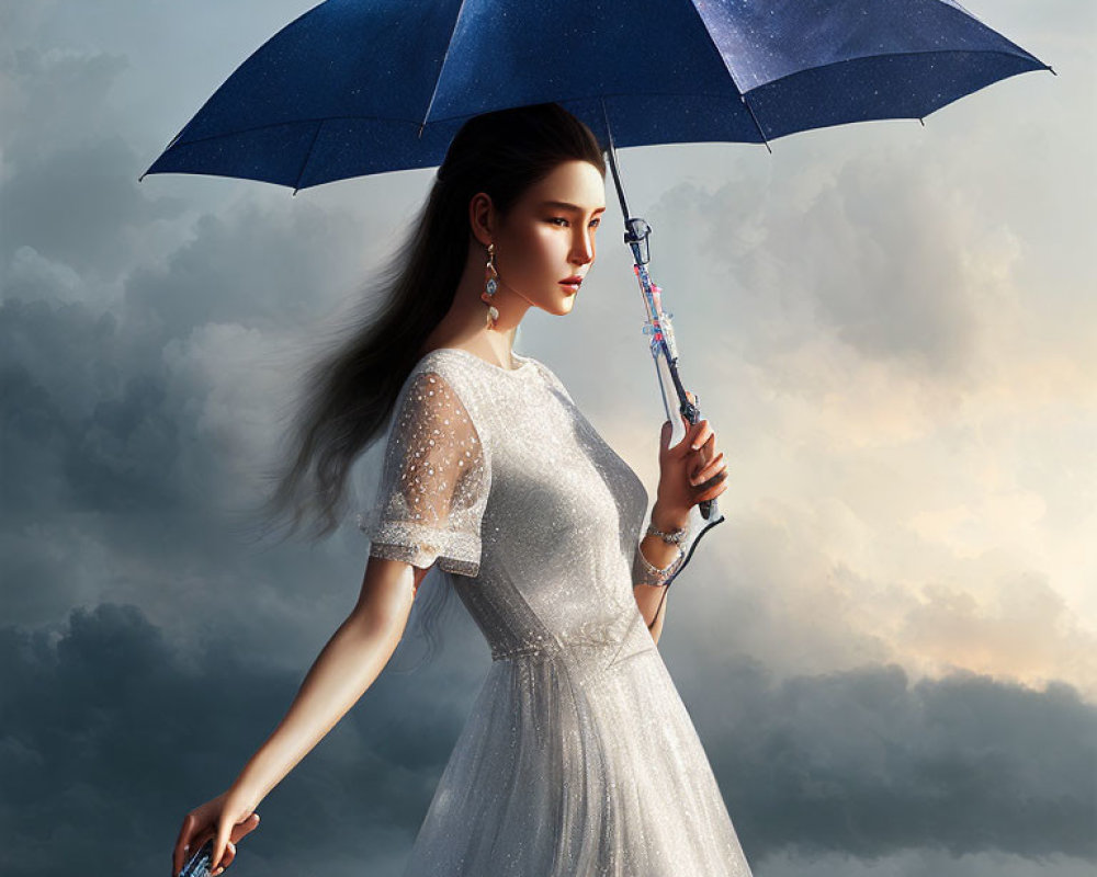 Woman in white dress with umbrella against dramatic cloudy sky