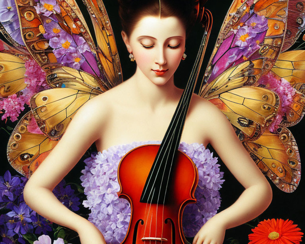 Surreal artwork of woman with butterfly wings playing cello among flowers