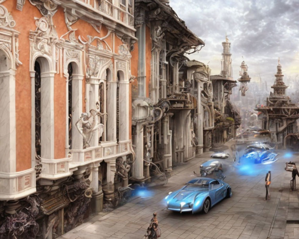 Futuristic city with classical architecture, floating vehicles, and advanced structures