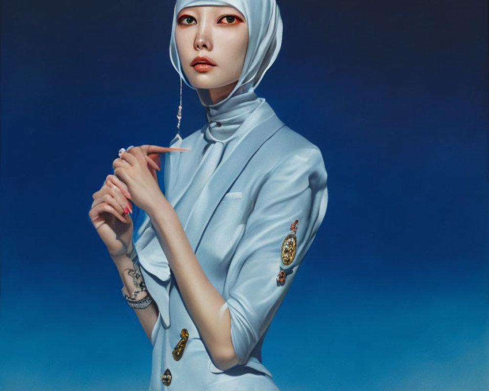 Portrait of Woman with Red Eyes, Pale Skin, Blue Suit, and Headscarf