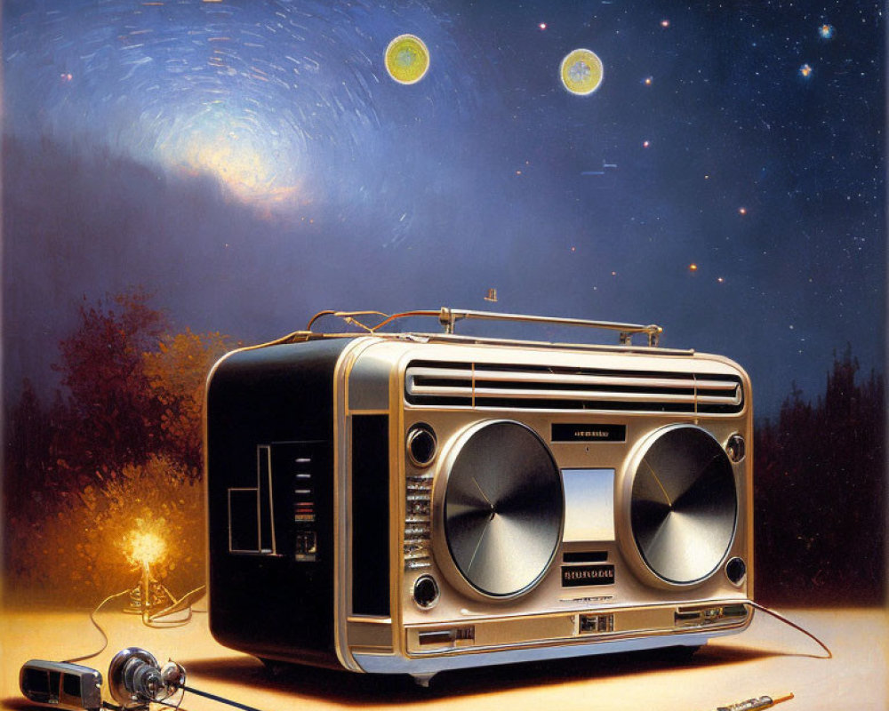 Vintage Portable Radio, Headphones, Pen on Surface under Starry Night Sky with Planets