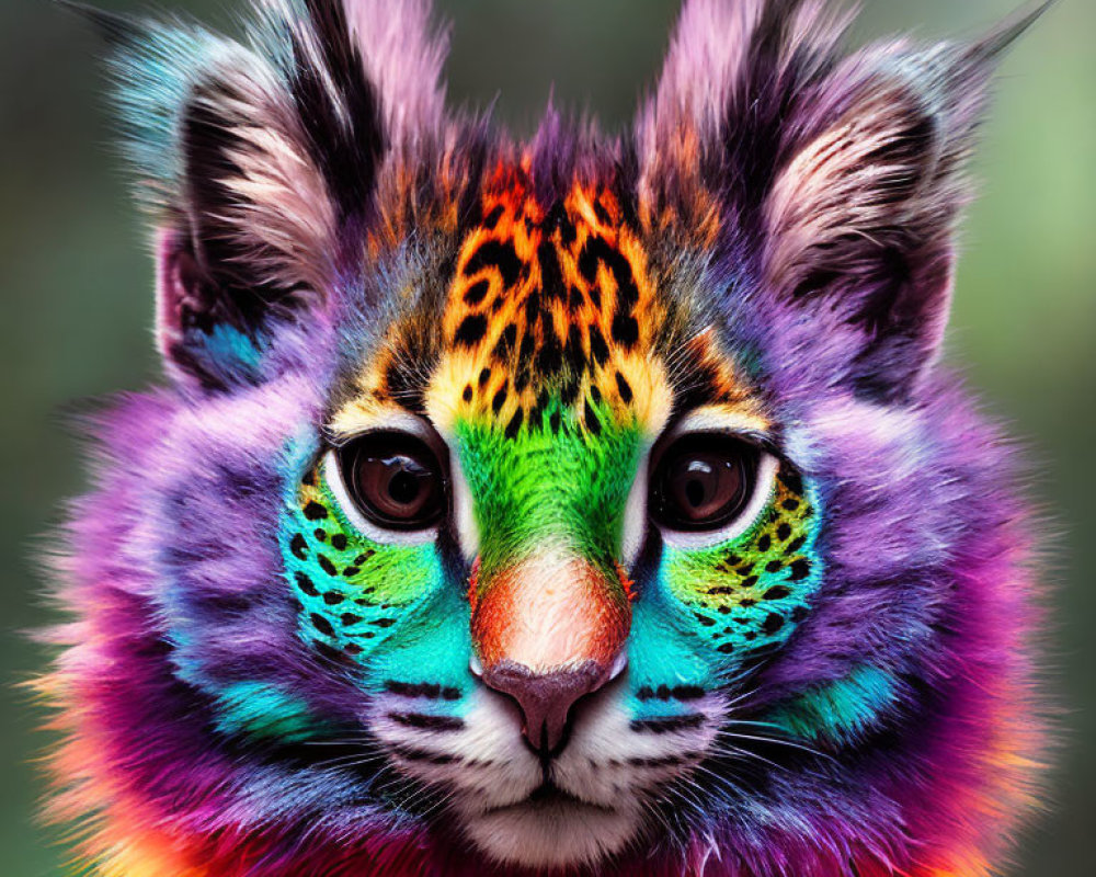 Colorful Rainbow-Hued Feline Face with Striking Eyes