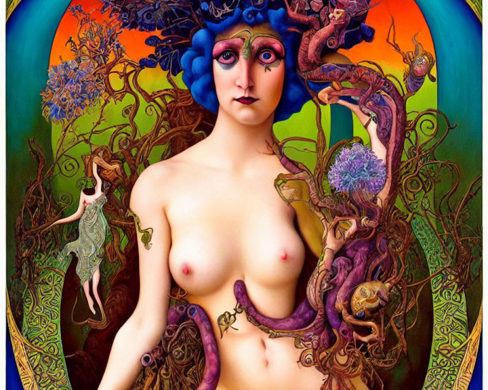 Colorful artwork of bare-chested female with blue hair and nature motifs in surreal setting