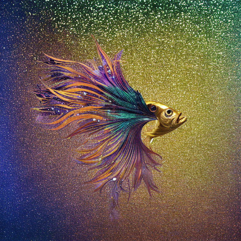 Vibrant betta fish with flowing fins on glittery green and gold backdrop