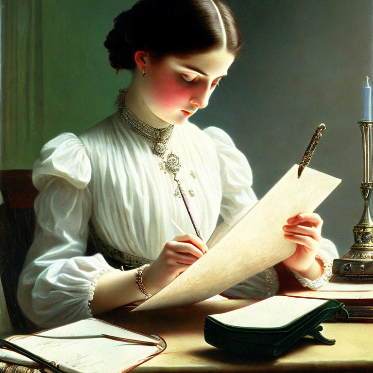 Victorian-era woman reading letter by candlelight with book and quill