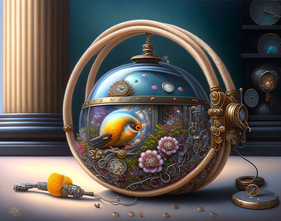 Steampunk-style fishbowl with orange fish, gears, flowers, and telephone handset