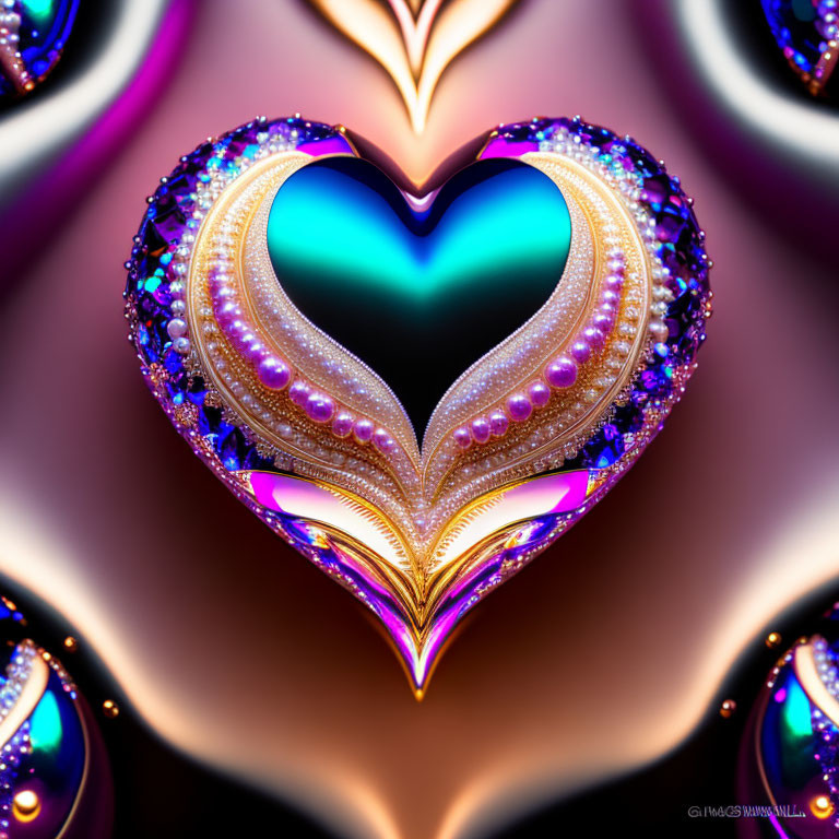 Heart-shaped jewel with blue core and ornate gold and purple patterns against muted background