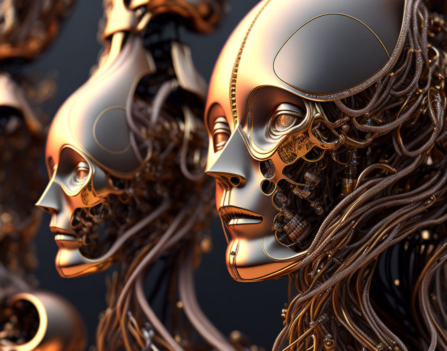 Golden robotic heads with intricate designs and mechanical parts in surreal arrangement