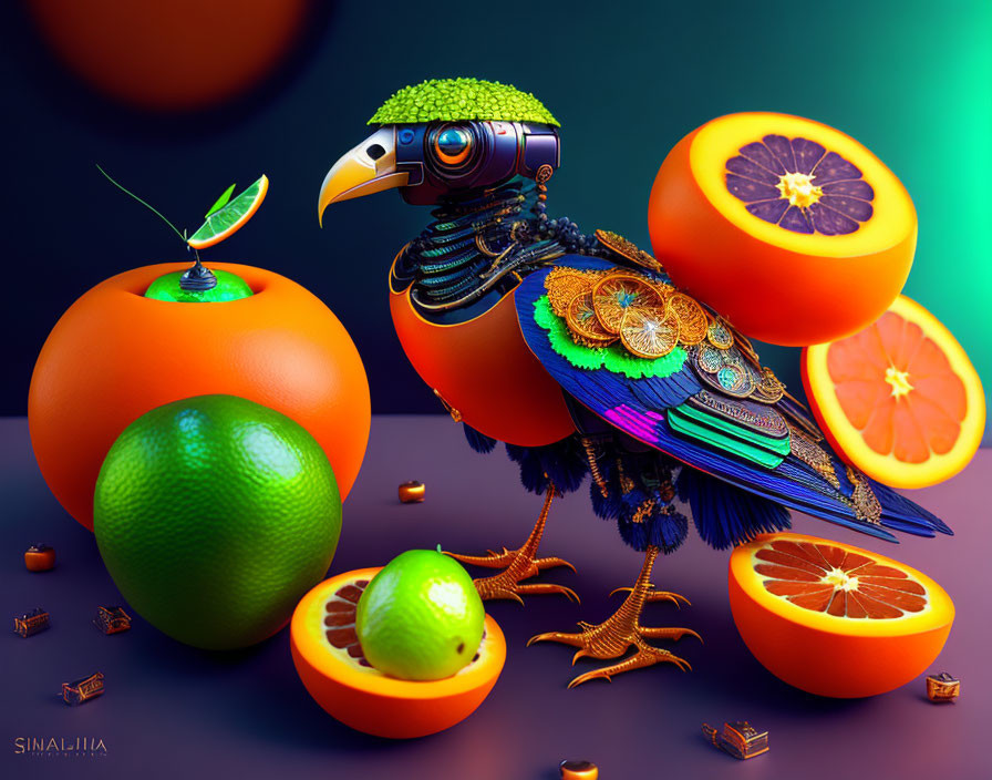 Mechanical bird with gear elements among citrus fruits on reflective surface