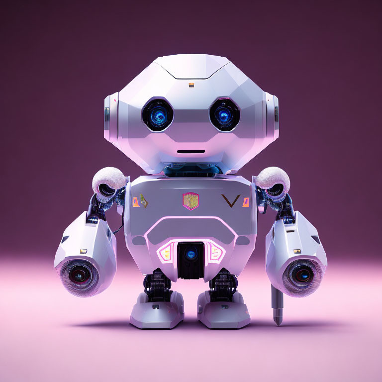 Stylized white and purple robot with optical sensors and grippers on pink background