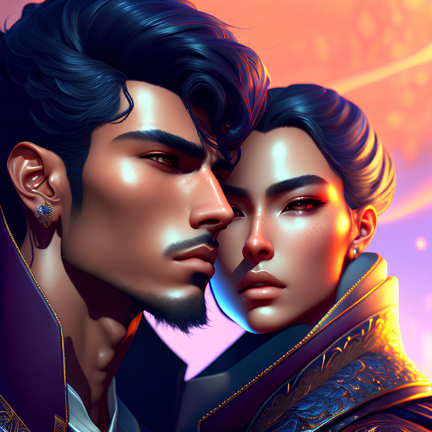 Stylized male figures with detailed hair and earrings on warm backdrop