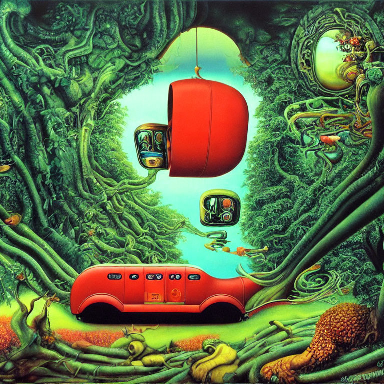 Surreal artwork of red bus-like vessel in green forest with bubble-shaped windows