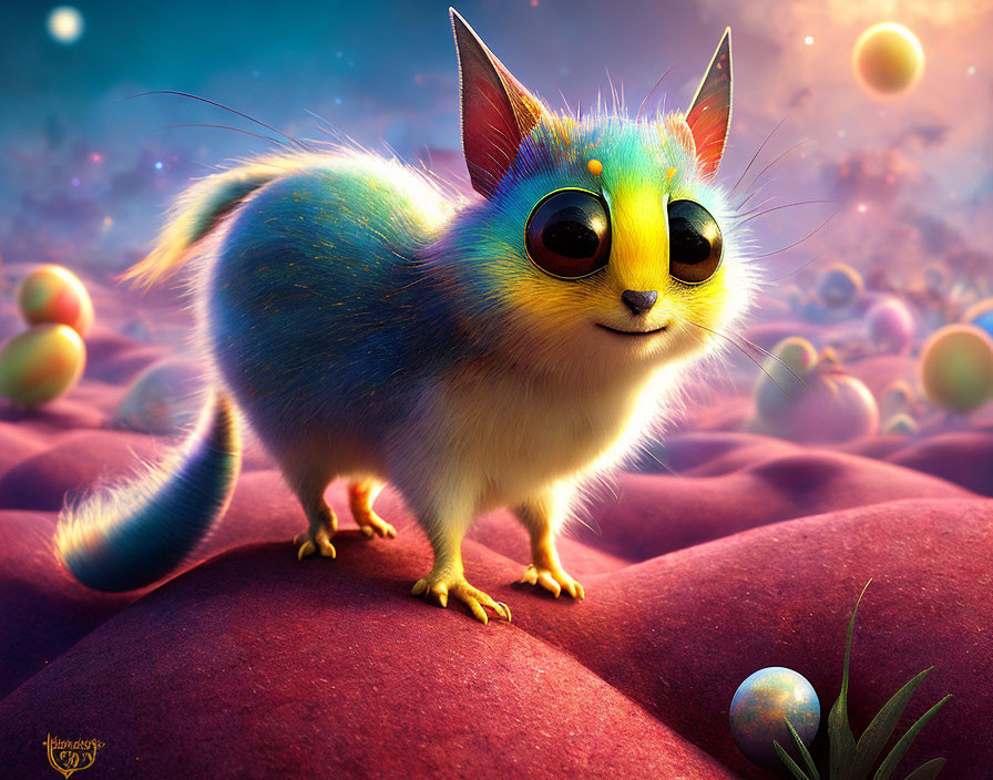 Rainbow fur cat-like creature in alien landscape with glowing orbs
