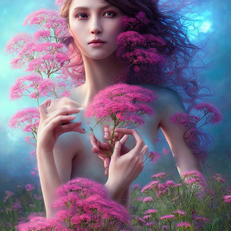 Digital Artwork: Woman with Pink Flower Hair in Mystical Blue Environment