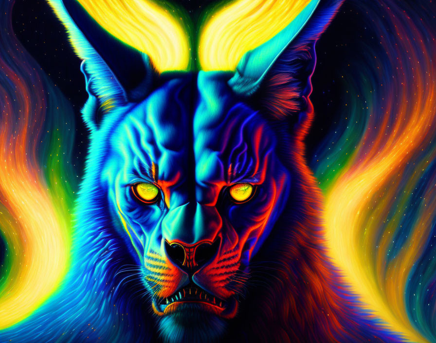 Vivid digital art: Intense feline face in blue and orange hues