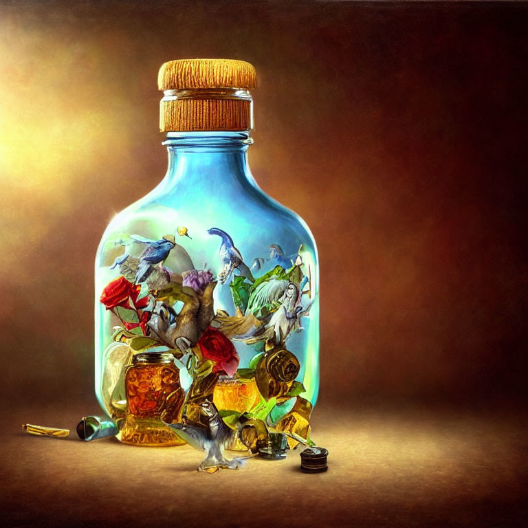 Illustration of glass bottle with fantastical scenes & tiny creatures