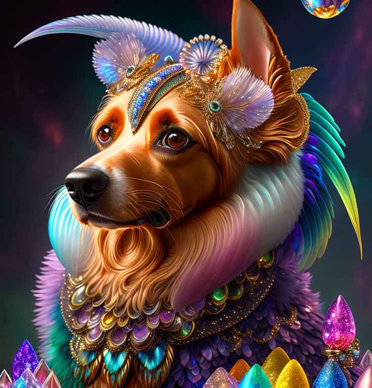 Colorful feathered dog with jeweled headpieces in fantastical setting