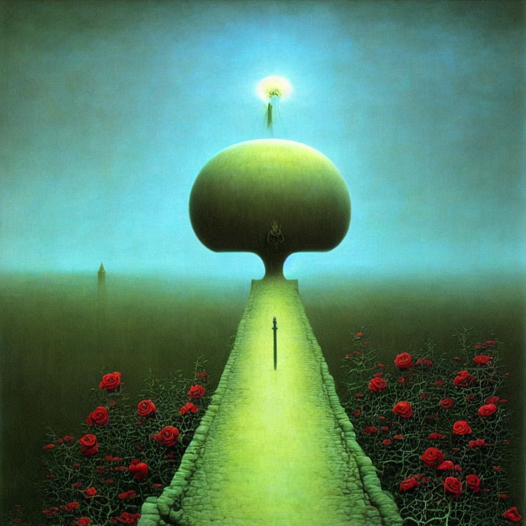 Surreal painting: figure on path to mushroom tree with glowing orb