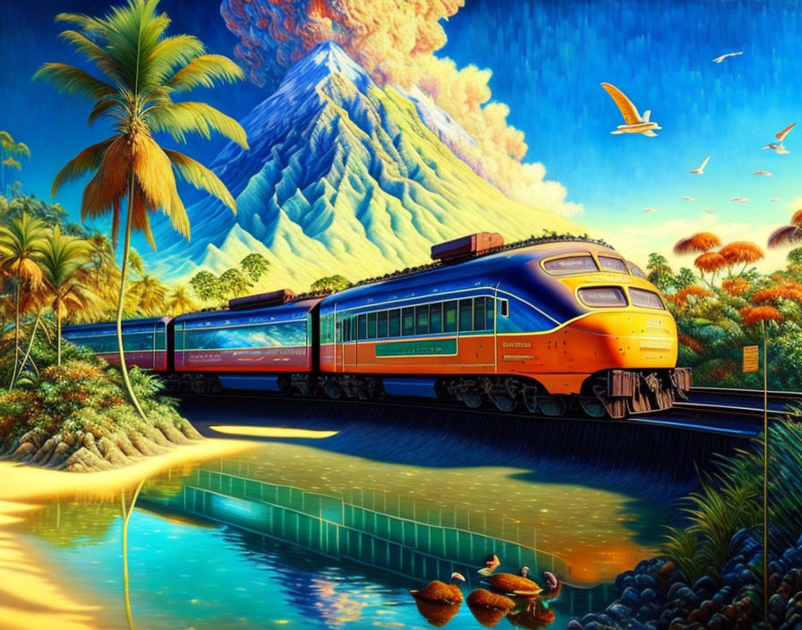 Colorful train crossing tropical bridge with volcano, palm trees, and wildlife