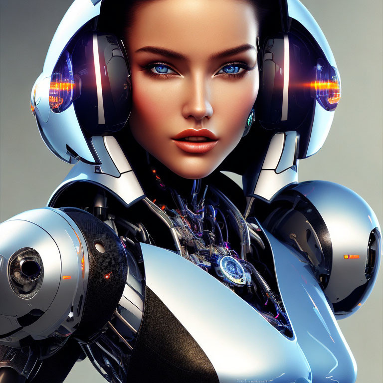 Detailed Female Humanoid Robot with Blue Eyes and Mechanical Parts