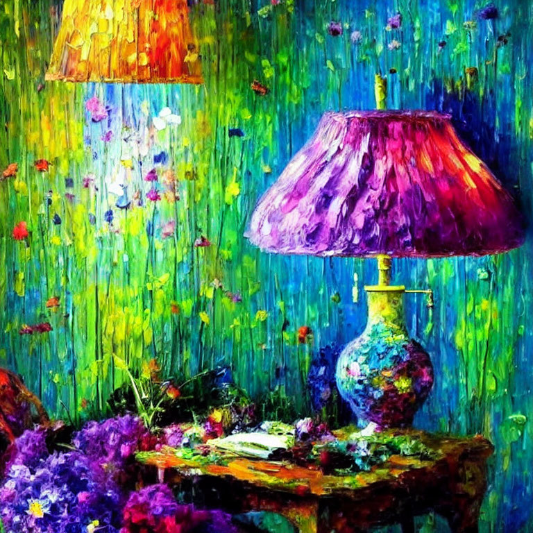 Colorful impressionist-style painting of vibrant room with lamps and flowers