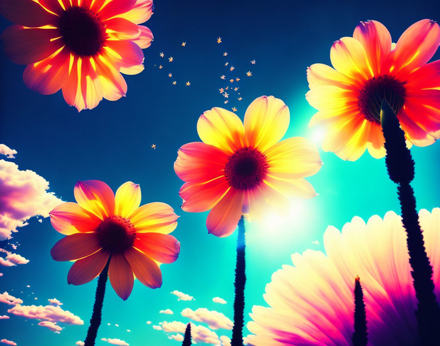 Vibrant Flowers and Butterflies in Dreamy Sky